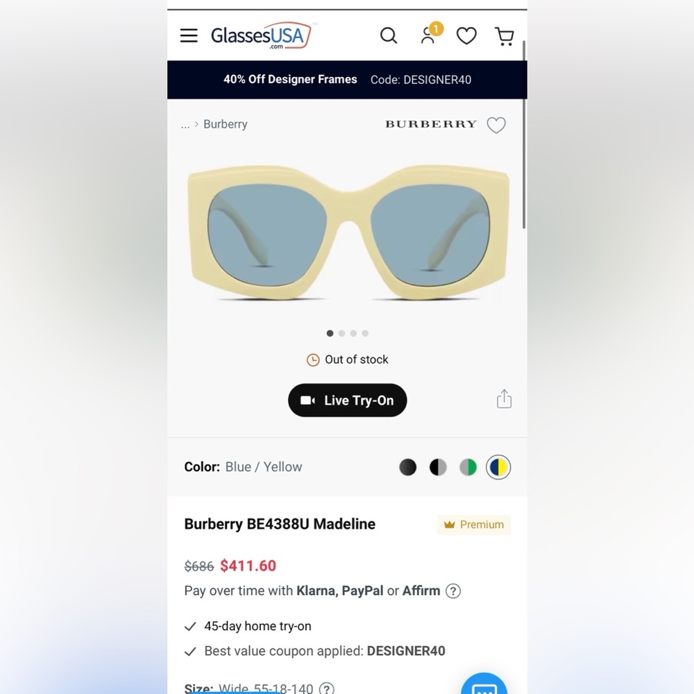 Burberry BE4388U Yellow Madeline Sunglasses - Picture 6 of 16